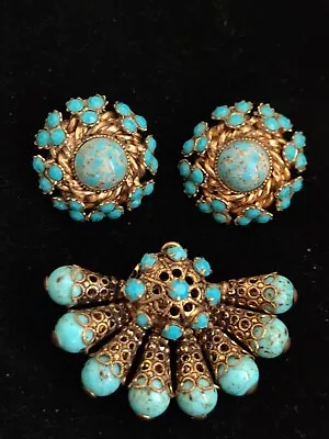 Vintage W.Germany Filigree Gilt Brass  Turquoise Glass Brooch & Earrings Set • $137.40