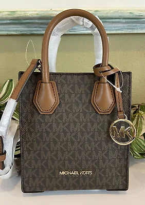 Michael Kors Mercer Xs Ns Shopper Crossbody Satchel Bag Mk Brown Signature Logo • $87.99