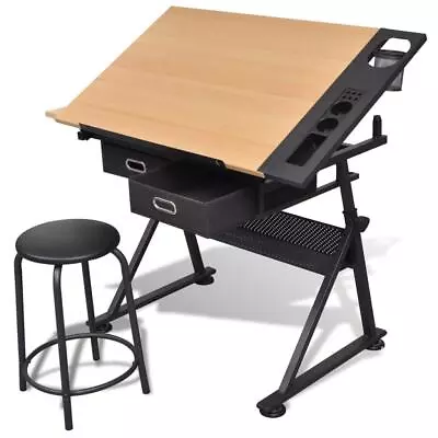 Tiltable Tabletop Drawing Table With Stool & Two Drawers Draftsmen Laptop Desk • £167.95