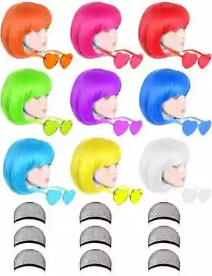 ADDF Coloured Wigs 9 Pack Funky Colourful Wigs Short Bob Hair Neon With Shades • £24.99