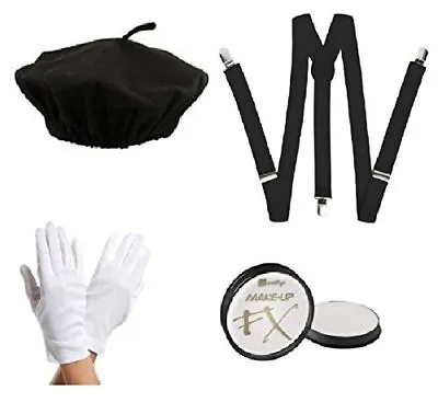 4 Piece Mime Artist Instant Kit Beret Braces Gloves & Facepaint Fancy Dress • £14.95