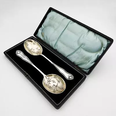 PAIR SERVING SPOONS CASED STERLING SILVER VICTORIAN Sheffield 1900 Mappin & Webb • £185