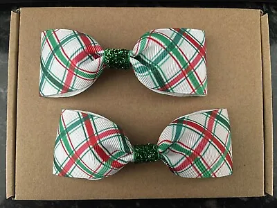 Red & Green Tartan Pattern - Hair Bow Clips (2) HANDMADE Girls Hair Accessories • £1.70