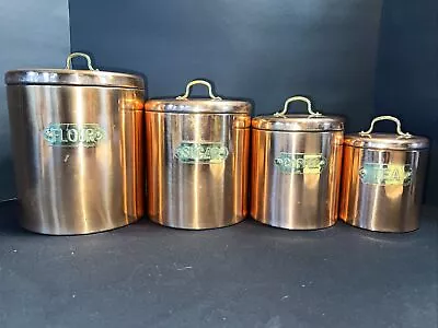 Vintage MCM Set Of 4 Ex Cond Copper Canisters Flour Sugar Coffee Tea Farmhouse • $44.99