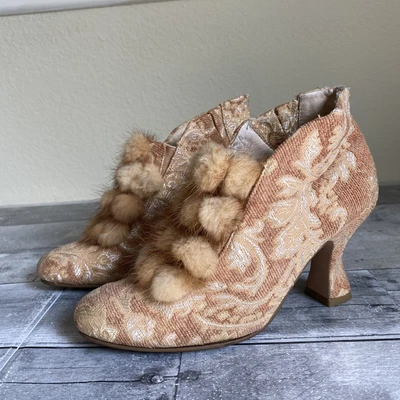 $99 • Buy Baci Daisy Victorian Brocade Tapestry Brown Mink Pom Pom Ankle Bootie Shoes 6 M
