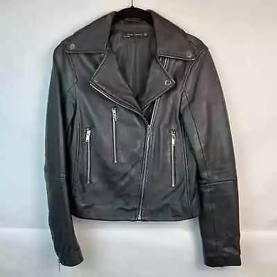 Zara Buttery Soft Sheep Leather Black Moto Jacket Asymmetric Silver Zip Size S • $94.99