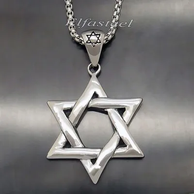 Men's Silver Star Of David Solid 316L Stainless Steel Pendant Necklace #457E • $11.99