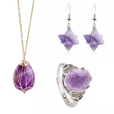 £20.39 • Buy Healing Energy Crystal Merkaba Hexagram Amethyst Earrings Adjustable Open Ring