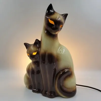 $90 • Buy Vintage KRON Siamese Cat & Kitten Ceramic Art Statue Light Antique Lamp WORKS.