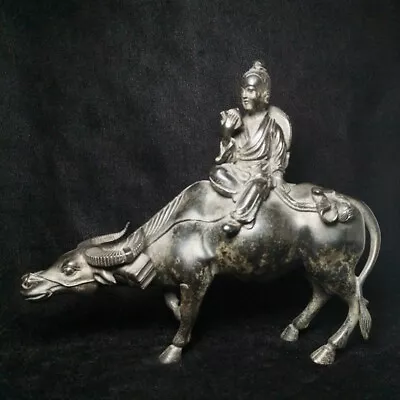 L 9.8 Inch Old Chinese Bronze Carving Boy Sitting Cow Statue Fengshui Decoration • £280