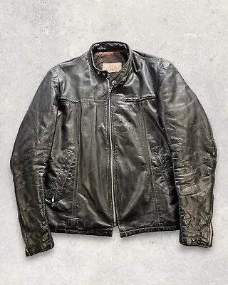 Vintage 1970s Sears Men's Store Black Leather Cafe Racer Biker Jacket M • $87.79