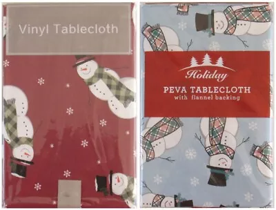 Snowmen In Plaid Scarves Amid Snowflakes Vinyl Tablecloth Var Sizes/Colors • $16.95