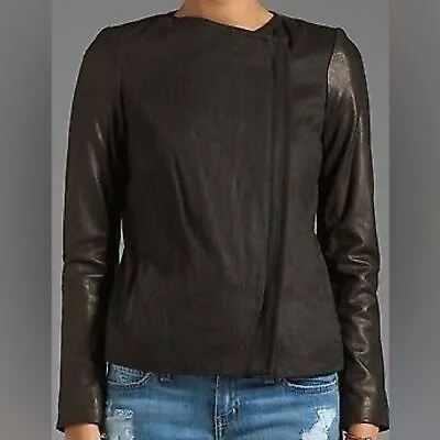 VINCE Black Biker Jacket With Linen Silk And Leather Size 8 • $75.50