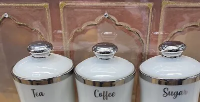 Tea Coffee Sugar Jar White Silver Storage Set Ceramic Air Tight Canister • £29.99