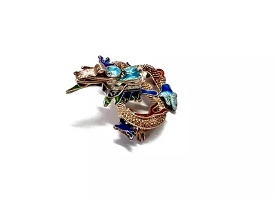 Vintage Chinese Export Dragon 925 Sterling Silver Enamel Filigree Brooch • $65