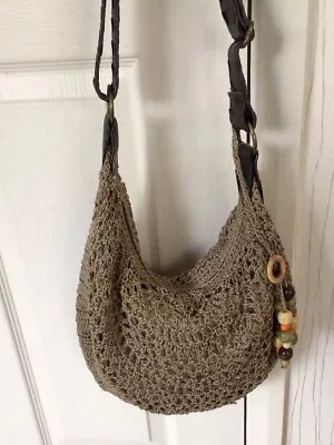 Women's Boho Shoulder Bag Matalan New Crochet Khaki Long Strap Lined Zip  • £7