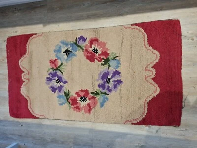 £44.99 • Buy Vintage Latch Hook Rug 50s 60s Pink Floral Prop Hearth