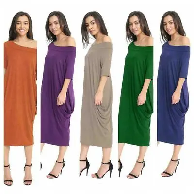 Ladies Womens Short Sleeve Off The Shoulder Baggy Oversized Parachute Midi Dress • £11.99