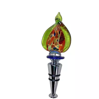 Murano Italy Handblown Glass Wine Stopper Colorful Rare Metal 3.5  Vintage • $36.99