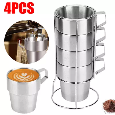 Set Of 4 Large STAINLESS STEEL Coffee Tea Cosy Mugs Jugs Cups Tumblers 300 Ml • £8.90