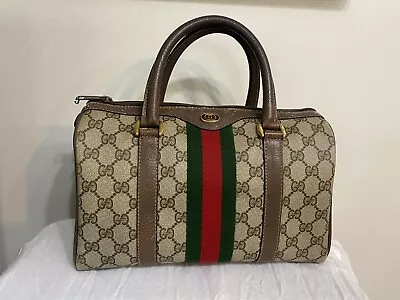 Vtg Gucci Supreme Brown Pvc Gg Logo Speedy  Boston Bag W/ Red Green Webbing • $241.50