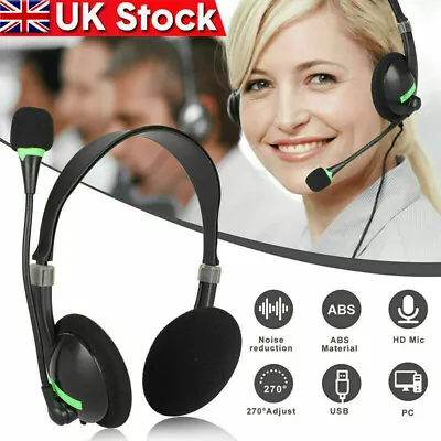 USB Computer Headset Wired Over Ear Headphones For Call Center PC Laptop Skype • £8.99