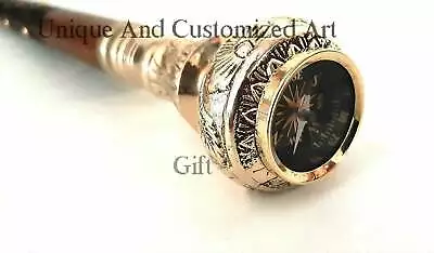 $38.70 • Buy Antique Compass Brass Knob Head Handle Walking Stick Wooden Curved Cane Gift