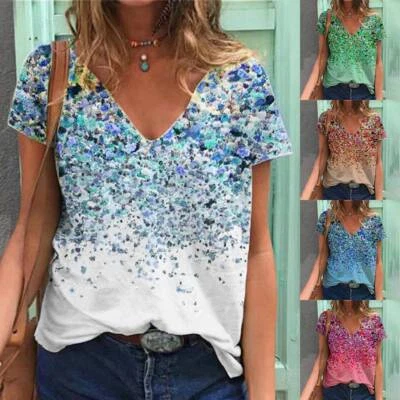 £10.59 • Buy Womens V Neck Floral Tops T-shirt Ladies Short Sleeve Loose Blouse Plus Size
