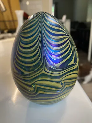 RARE LARGE Vandermark Art Glass Egg Paperweight Pulled Feather Iridescent • $189