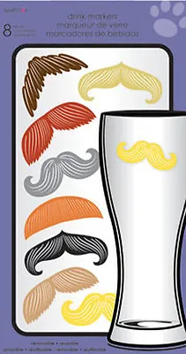 MUSTACHES Drink Markers 8 Stickers Beer Wine Glasses Peel & Stick Moustache • $6.95