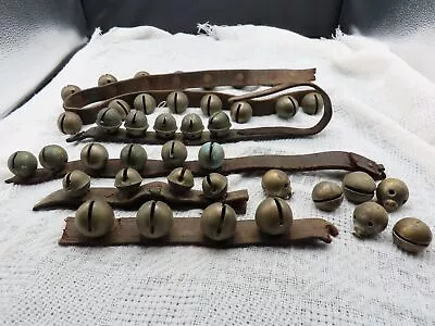 Lot Of 40 Antique Brass Sleigh Bells On Straps & Loose 1”-1-1/4” • $75