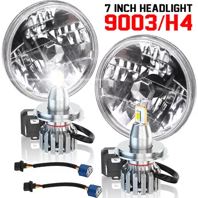 7 Inch Round Sealed Beam Glass Clear Lens Headlights H4 Bulbs H6024 H6014 Pair • $149.99