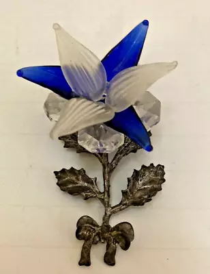 Vintage Brass Glass & Cut Crystal Brooch Pin - Blue Flower - Metropolitan Museum • $20