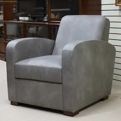 Art Deco Club Chair Very High Grade Genuine Italian Grey Leather Hand Stitched • $1946.25