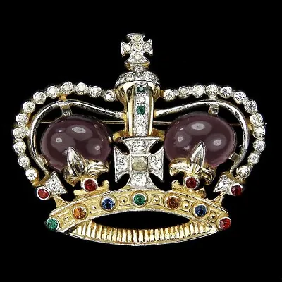 Mazer Gold Pave And Amethyst Cabochons Elizabeth II Coronation Royal Crown Pin • $1275