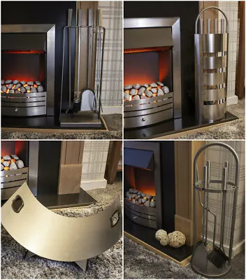 £16.99 • Buy Fireside Tool Set Log Holder Curved Silver Modern Companion Set Fireplace Fire