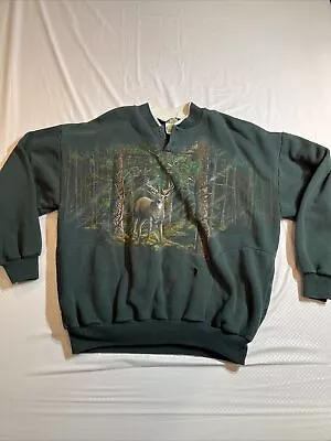 Vintage Art Unlimited All Over Print Henley Sweatshirt XL Deer Trees Green USA • $24.99