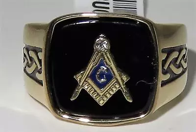 Mens Gold Masonic Ring Onyx Black Signer Military Pinky Steel 18kt All Size 3223 • £23.99