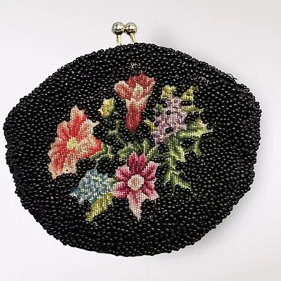 Vintage Handmade Petit Point Floral Needlepoint Kisslock Coin Purse Black • $17