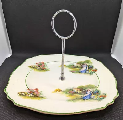 Vintage Burgess England Snack Dessert Cake Handled Plate Dutch Milkmaid Design • $27.50