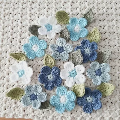 24Pcs Handmade Crochet Flowers & Leaves Blue Embellishment Applique Patches  • £8.50