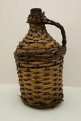 Rustic Wicker Wrapped Green Glass Bottle With A Handle VTG • $59.99