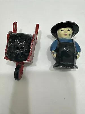 Vintage Metal Man & Wheel Barrel Salt & Pepper Shakers.  No Corks Included. • $18