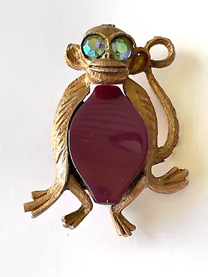 Vintage Glass Belly Rhinestone Eyes Figural MONKEY Brooch • $14.99