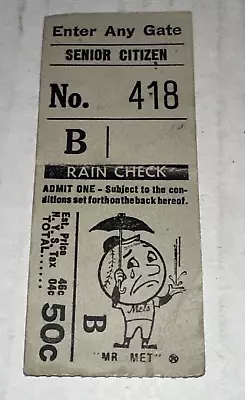 Vintage Mr Met Logo Undated New York Mets Mlb Raincheck 50c Senior Ticket Stub • $33.74