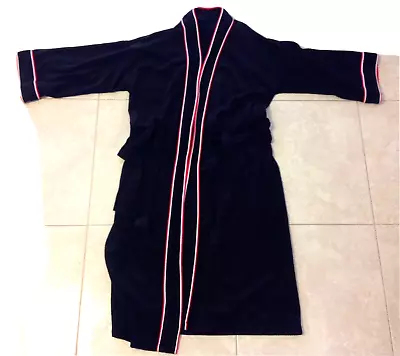 VTG 80s Rabhor Robe Smoking Jacket Black Velour Red Trim Belted One Size • $34.99