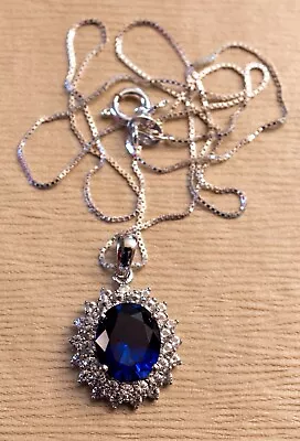 Blue Lab Created Sapphire 4.77CTW Rhodium Over Silver Pendant With Chain • $25