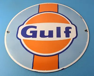 Vintage Gulf Gasoline Sign - Large Porcelain Service Station Gas Pump Plate Sign • $194.97