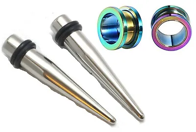 Pair Surgical Steel Tapers And Rainbow Screw Tunnels Ear Stretching Kit Gauges • $18.49