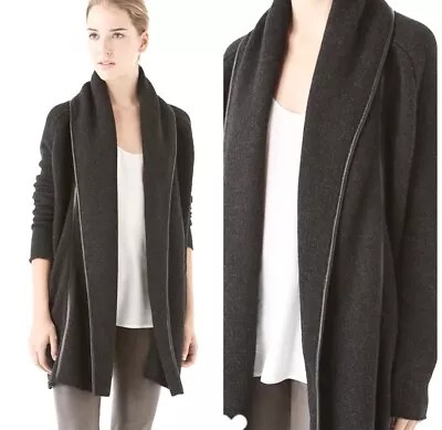 Vince Charcoal Open Front Leather Trim Sweater Car Coat S • $125